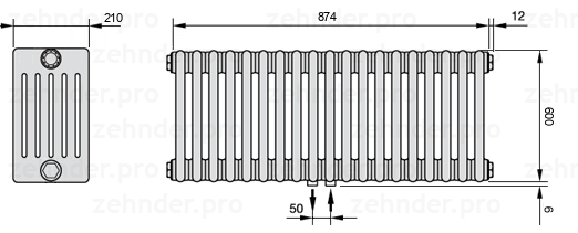Схема (чертеж) Радиатор Zehnder Charleston 6060/19 №5410 Белый глянцевый RAL 9016